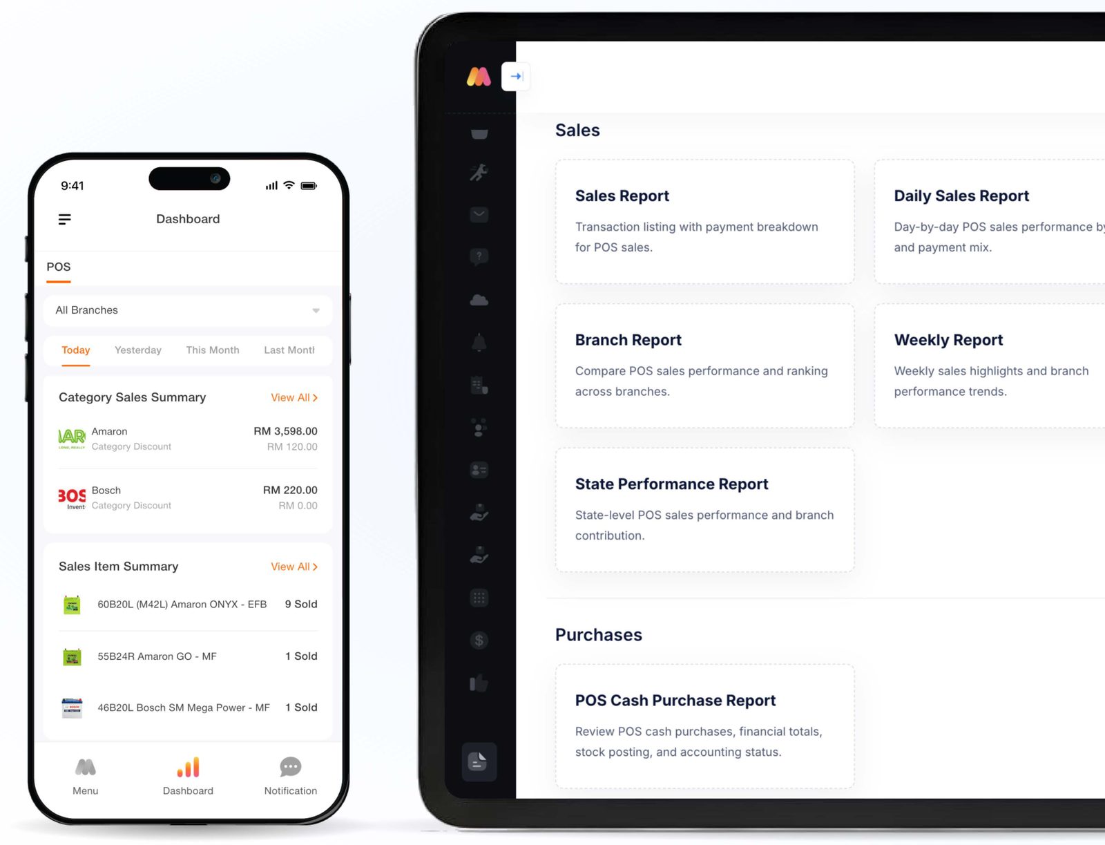 JomPOS sales dashboard on phone and tablet